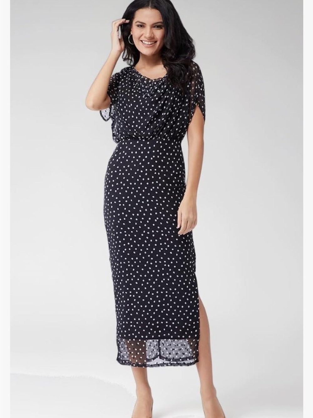 Black and White Polka Dot Maxi Dress with Sheer Overlay, Cowl Neck, Half Sleeve